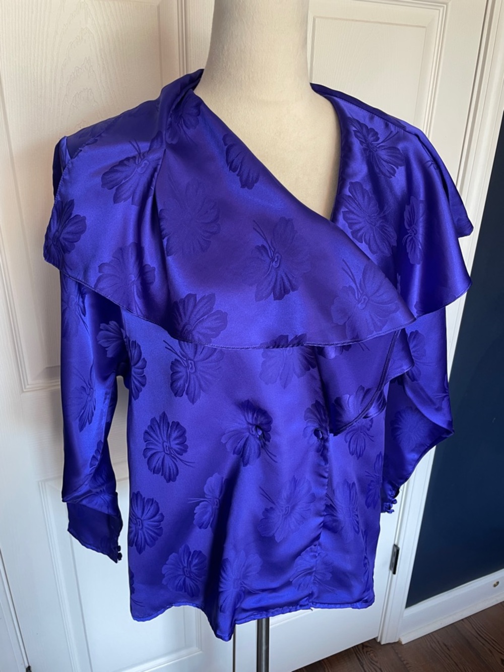 Vintage Alexandria Royal Blue Ruffled Neck Floral Satin Blouse Size 12